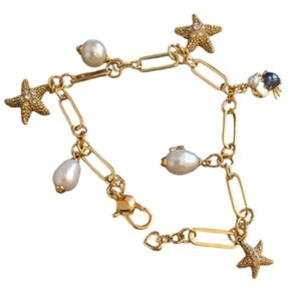 Kate Spade Sea Star Charm Bracelet w/ Real Pearls & Crystals Size 8 Inches